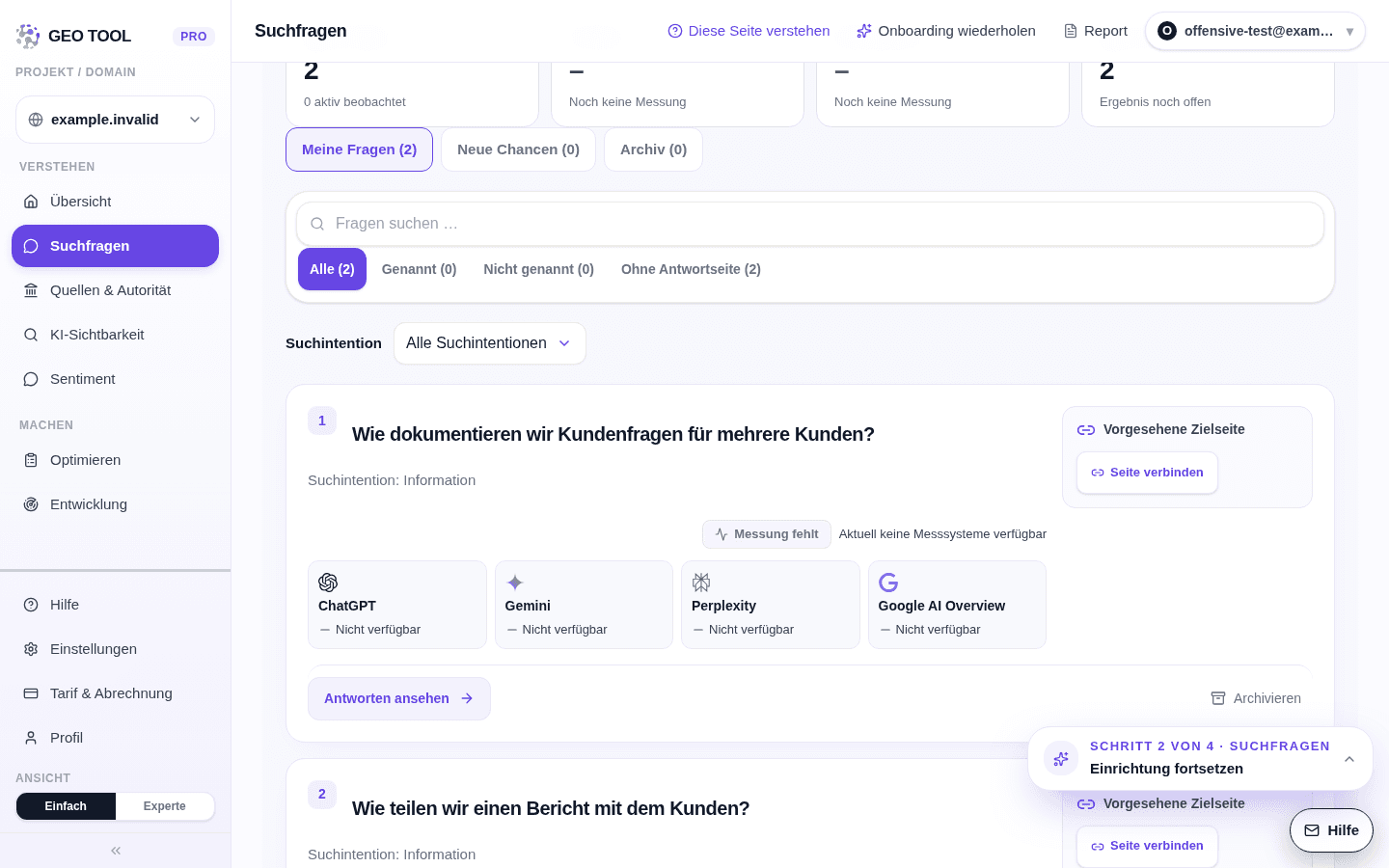 Produktansicht: manuelle Kundenfragen ohne Antwortmessung