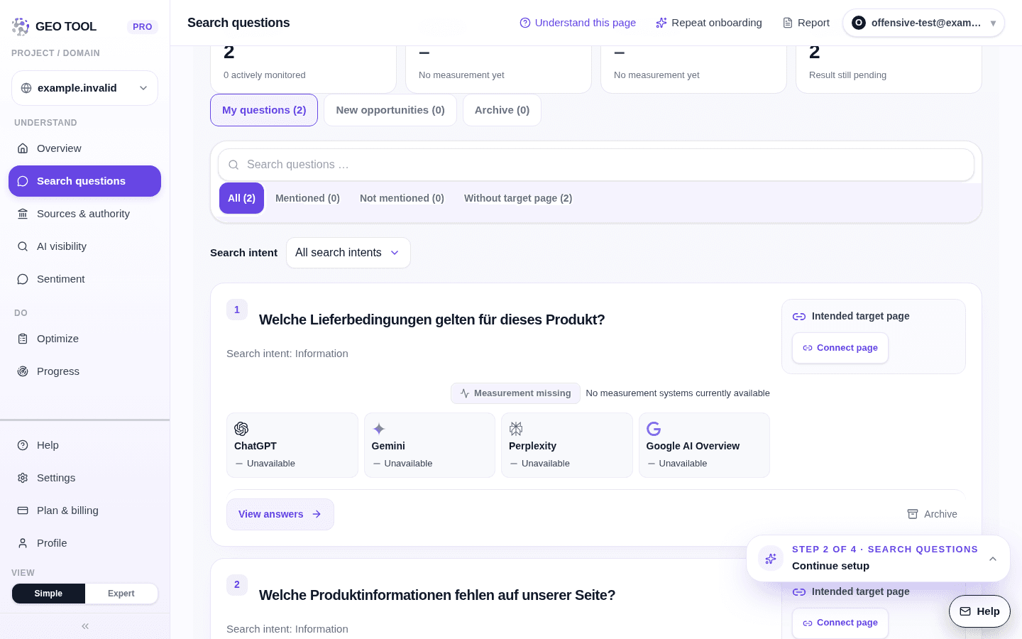 Product view: manual customer questions without answer measurements