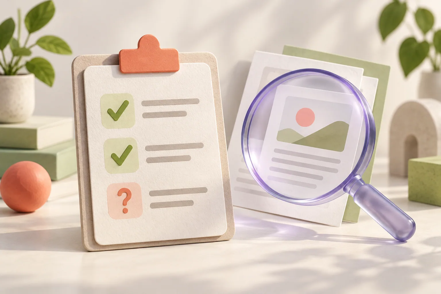 Illustration: an assessment checklist beside a lens examining supporting evidence.