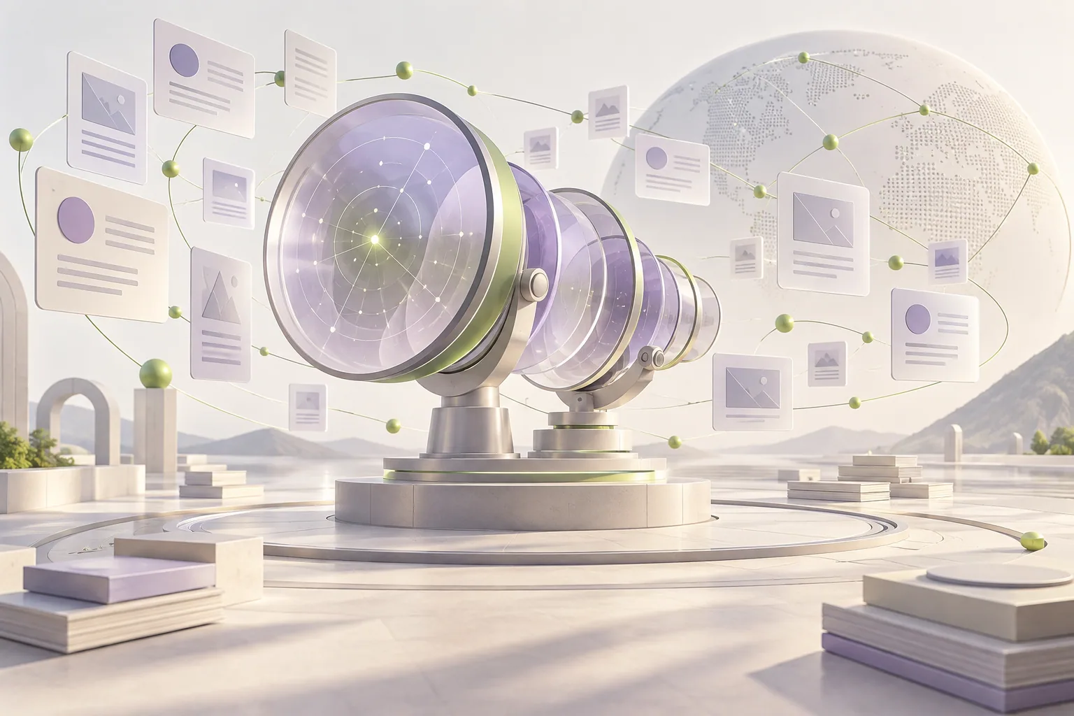 Illustration: an observatory examining a broad network of AI answers and sources.