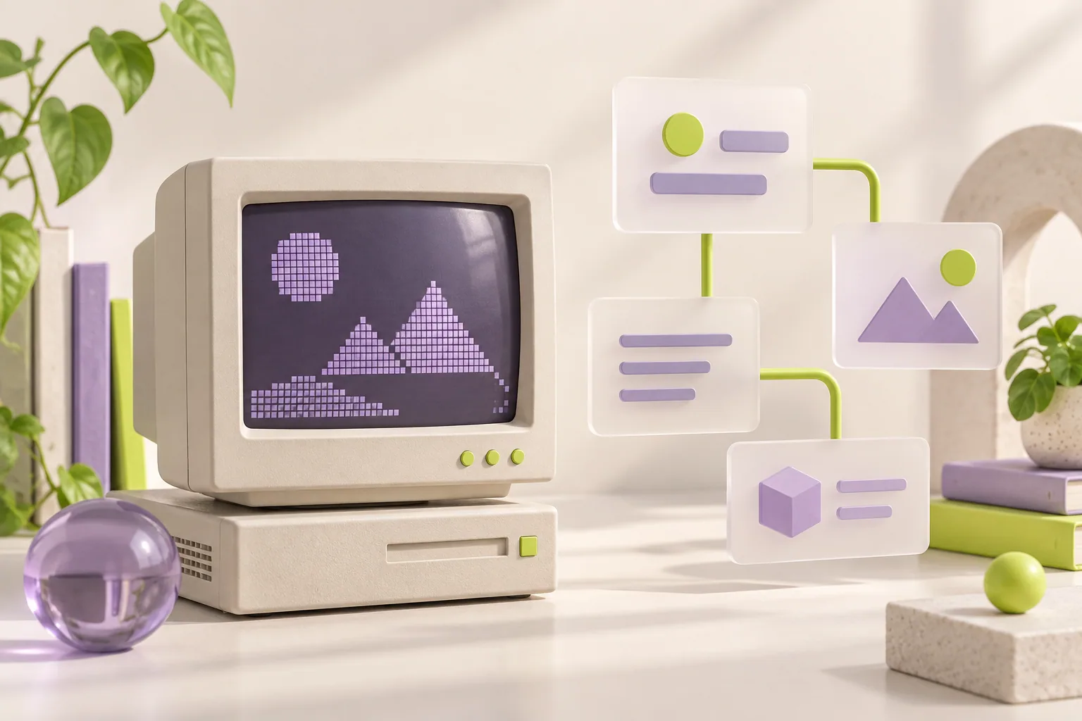 Illustration: Ein Retro-Monitor mit Pixelgrafik trifft auf moderne strukturierte Inhaltskarten.
