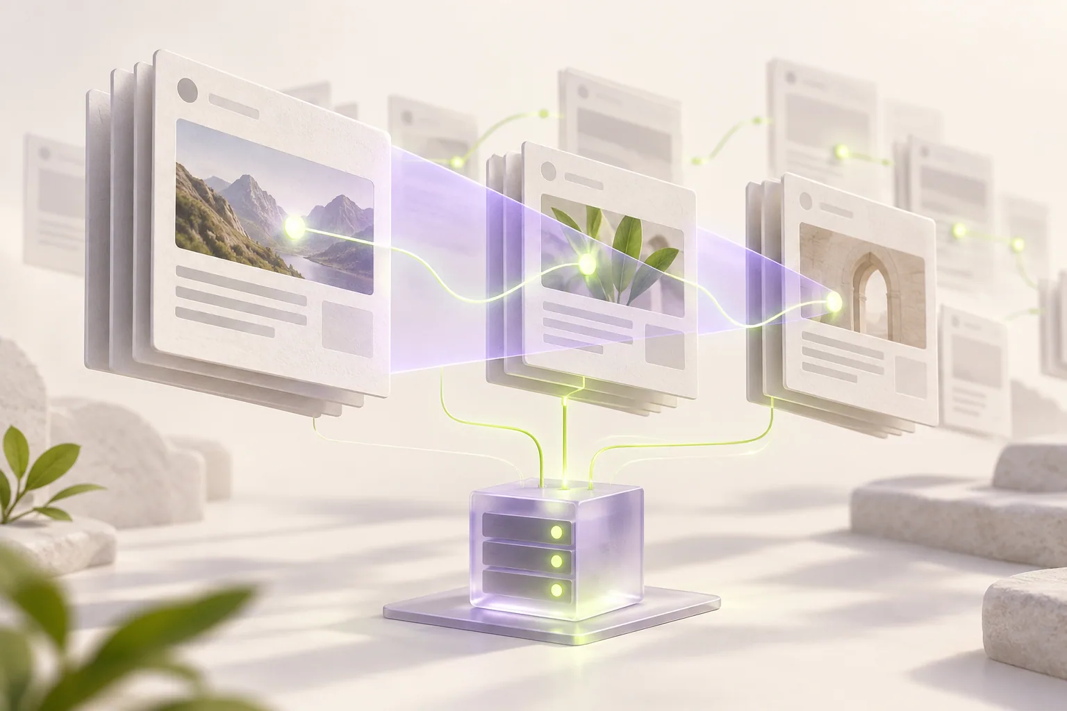 Illustration: a scanning beam traces crawler paths through website documents.