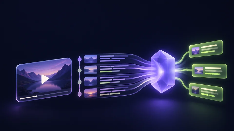 Illustration: a video player whose chapters flow as lines of text into a violet prism, which turns them into green quote cards.